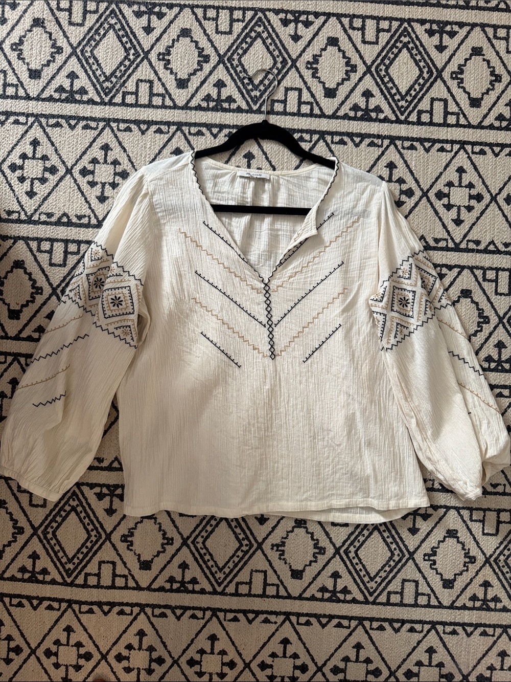 Madewell Cream Peasant Blouse with Navy Embroidery